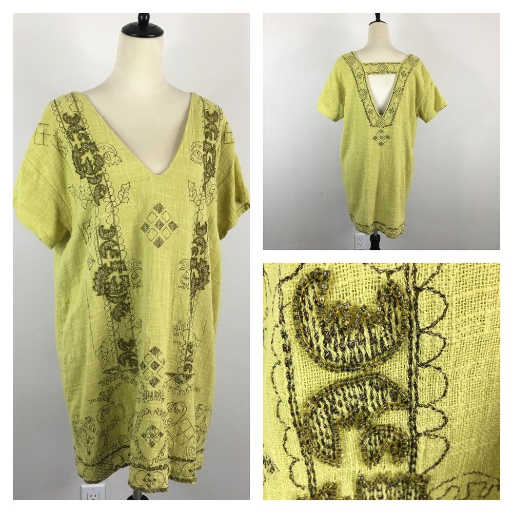 FREE PEOPLE Mustard/Green Glitter Thread Embroidery Beads Cut Out Back Dress